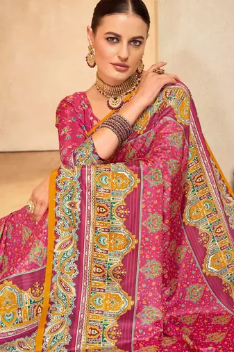 Pink crepe silk blend digital foil printed saree