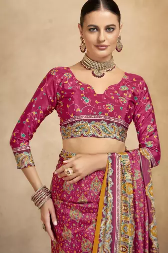 Pink crepe silk blend digital foil printed saree