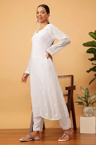 Hand embroidered white viscose georgette lucknowi chikankari kurta set 