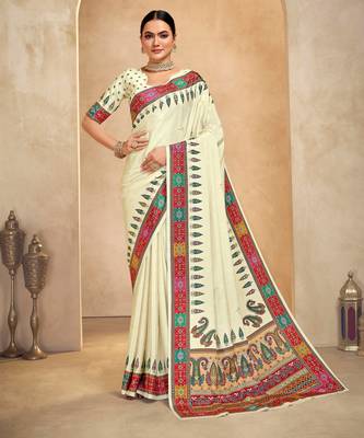 Cream crepe silk blend digital foil printed saree 1