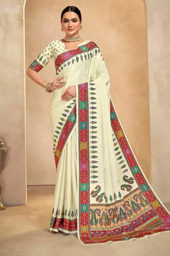 Cream color crepe silk fabric digital foil printed saree