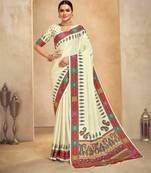 Cream color crepe silk fabric digital foil printed saree