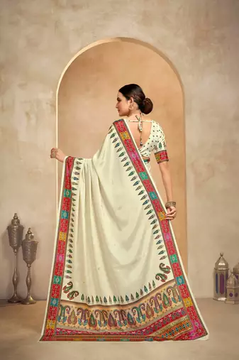 Cream crepe silk blend digital foil printed saree