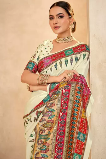 Cream crepe silk blend digital foil printed saree
