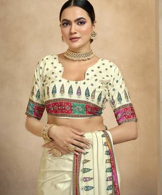 Cream crepe silk blend digital foil printed saree 4
