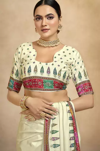 Cream crepe silk blend digital foil printed saree