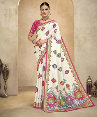 Off white crepe silk blend digital foil printed saree 1