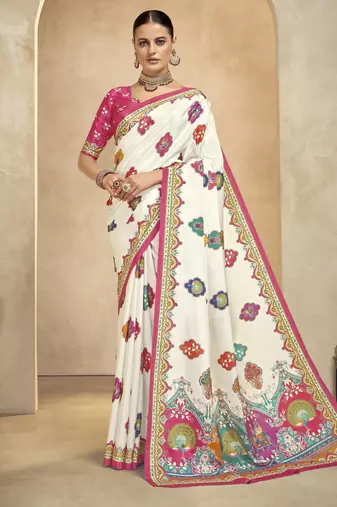 Off white color crepe silk fabric digital foil printed saree