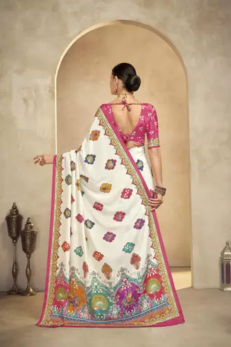 Off white crepe silk blend digital foil printed saree