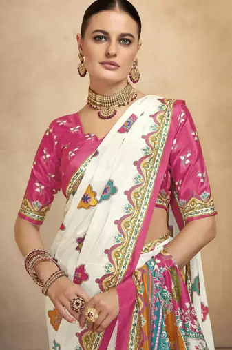 Off white crepe silk blend digital foil printed saree