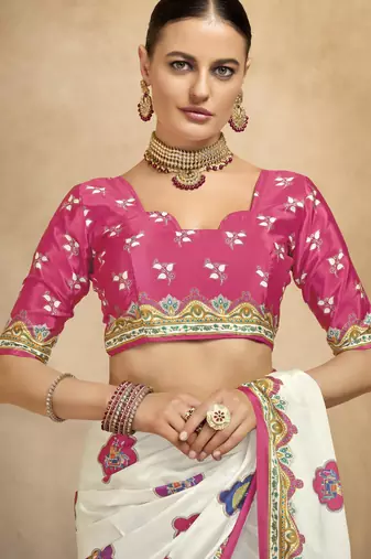 Off white crepe silk blend digital foil printed saree