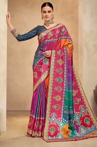 Multy color crepe silk fabric digital foil printed saree