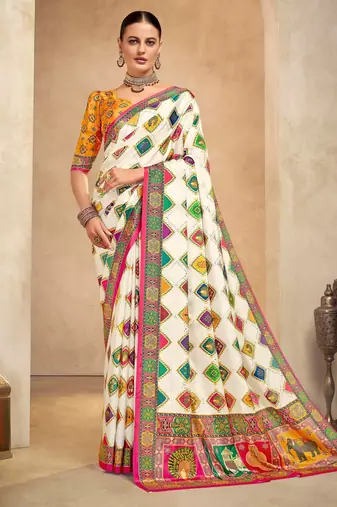 Off white color crepe silk fabric digital foil printed saree
