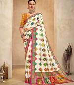 Off white color crepe silk fabric digital foil printed saree