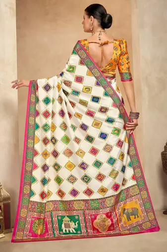 Off white crepe silk blend digital foil printed saree