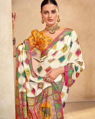 Off white crepe silk blend digital foil printed saree 3