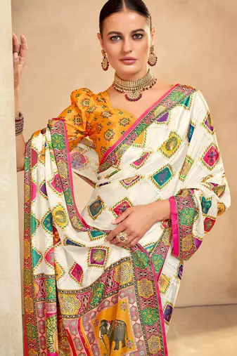 Off white crepe silk blend digital foil printed saree