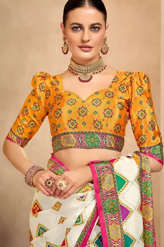 Off white crepe silk blend digital foil printed saree