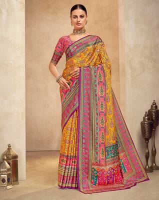 Orange crepe silk blend digital foil printed saree 1