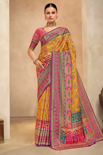 Orange color crepe silk fabric digital foil printed saree
