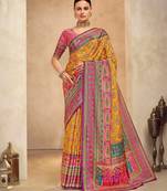 Orange color crepe silk fabric digital foil printed saree