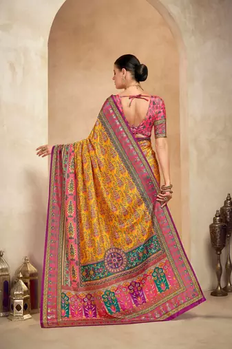 Orange crepe silk blend digital foil printed saree