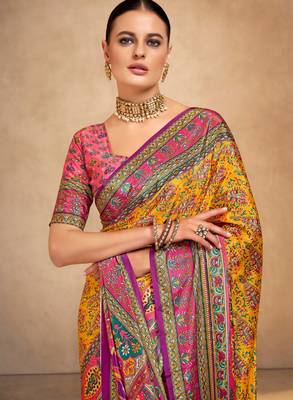 Orange crepe silk blend digital foil printed saree 3