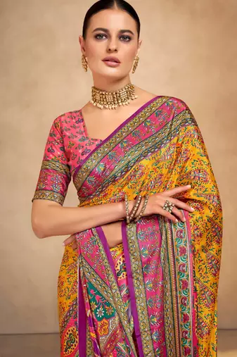 Orange crepe silk blend digital foil printed saree