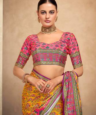 Orange crepe silk blend digital foil printed saree 4