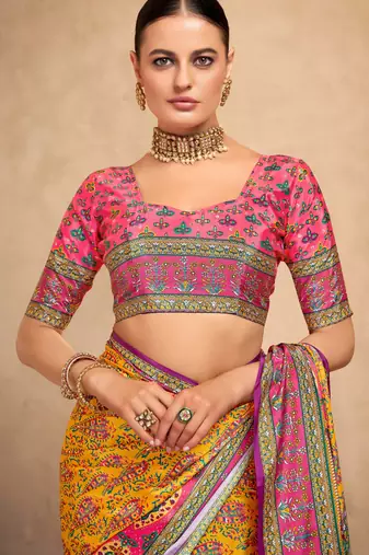 Orange crepe silk blend digital foil printed saree