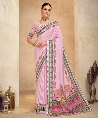 Pink crepe silk blend digital foil printed saree 1
