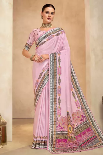 Pink color crepe silk fabric digital foil printed saree