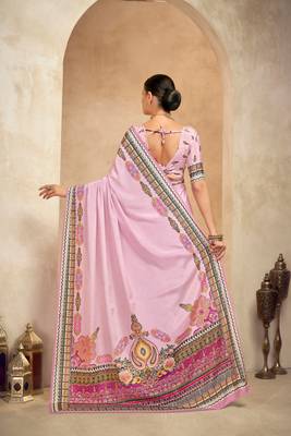 Pink crepe silk blend digital foil printed saree 2