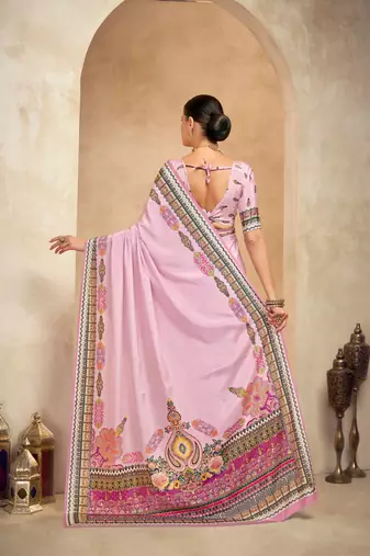 Pink crepe silk blend digital foil printed saree
