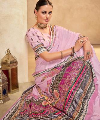 Pink crepe silk blend digital foil printed saree 3
