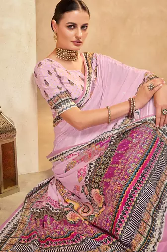 Pink crepe silk blend digital foil printed saree