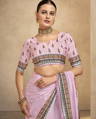 Pink crepe silk blend digital foil printed saree 4