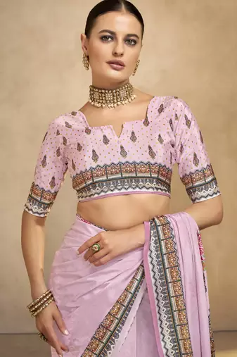 Pink crepe silk blend digital foil printed saree