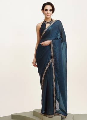 Teal satin beads and stones embellished work saree 1