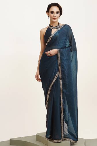 Teal satin beads and stones embellished work saree