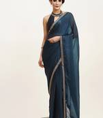 Teal satin beads and stones embellished work saree