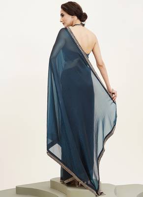 Teal satin beads and stones embellished work saree 2