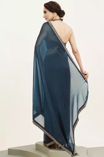 Teal satin beads and stones embellished work saree