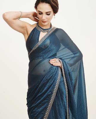 Teal satin beads and stones embellished work saree 3