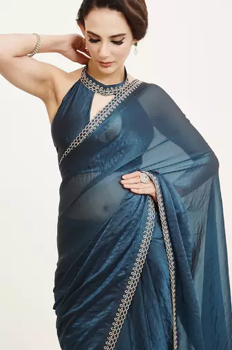 Teal satin beads and stones embellished work saree