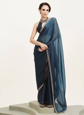 Teal satin beads and stones embellished work saree 4