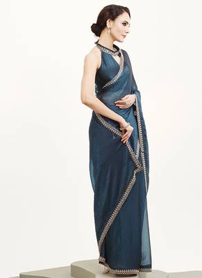 Teal satin beads and stones embellished work saree 5