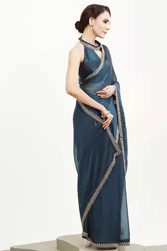 Teal satin beads and stones embellished work saree