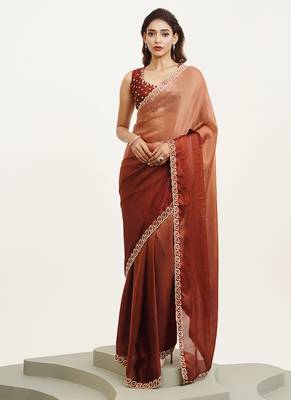 Rust satin embellished beads and stones work fancy saree 1