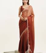 Rust color satin fabric embellished beads and stones work fancy saree